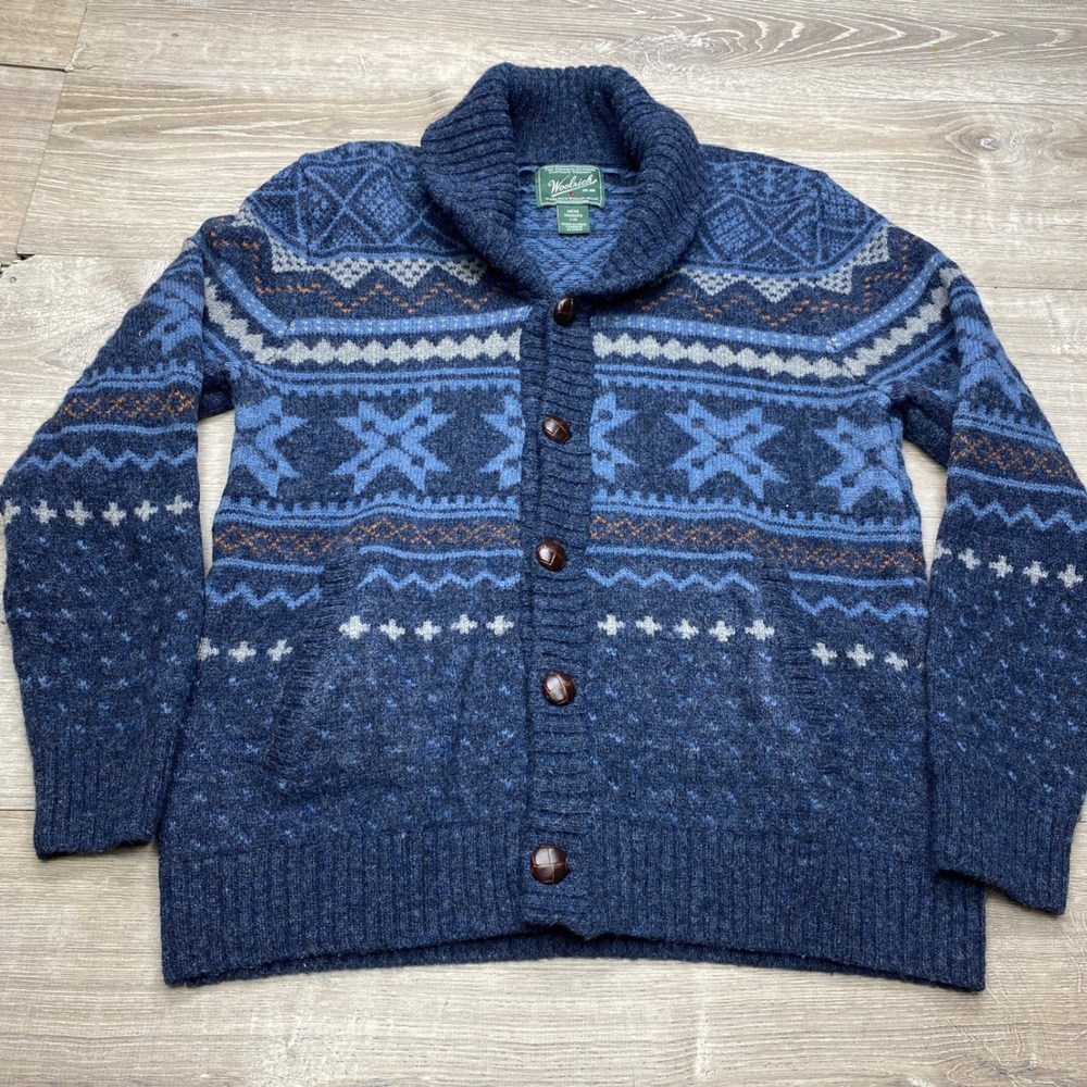 Woolrich Fair Isle Shawl Cardigan Mens Large Wool Blend Blue Nordic Sweater